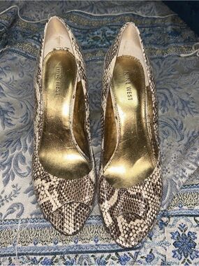 Nine West Brown and Beige Snake-Print Pointed Pumps
